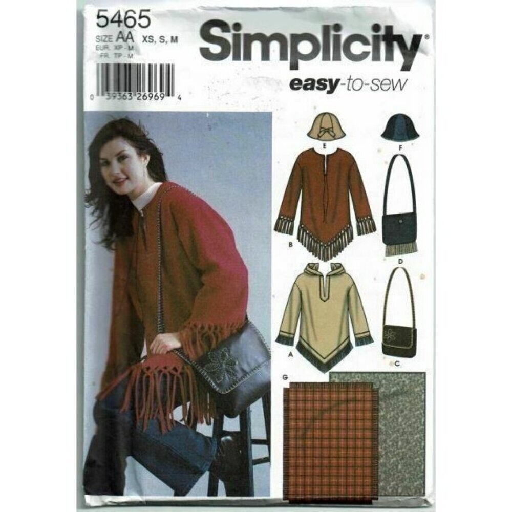 Simplicity Sewing Pattern 5465 Misses Top Poncho Bag Hat Purse Blanket‎ XS-M
